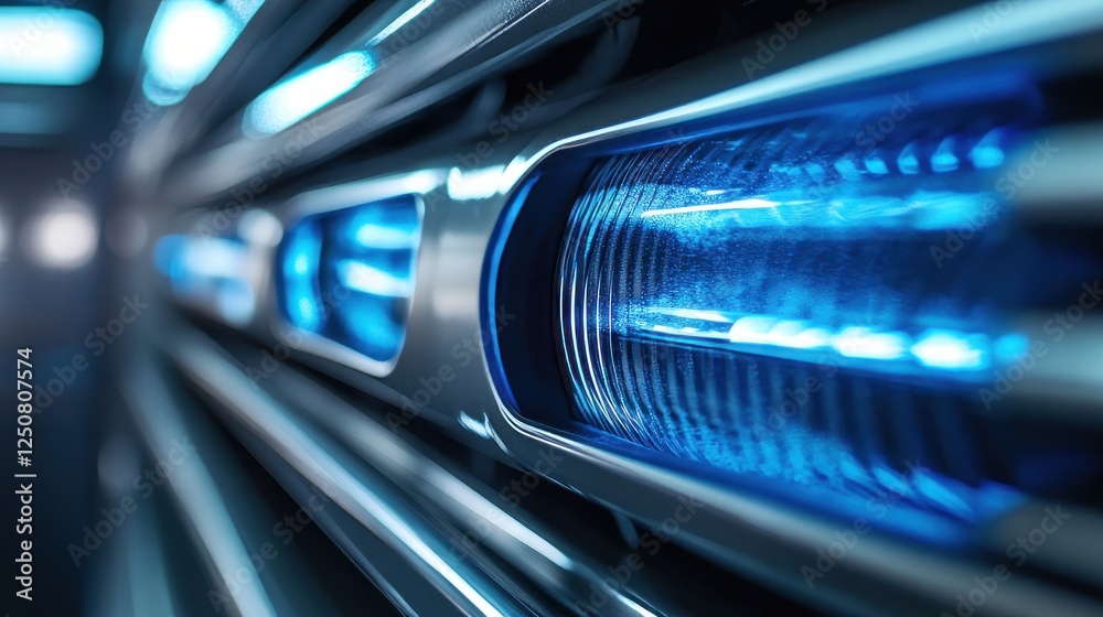 A close-up of automobile air conditioner vents showing blue air flow streams that symbolize filtration and air purification A close-up of automobile air conditioner vents showing blue air flow streams that symbolize filtration and air purification
