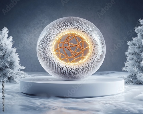 Illuminated sphere on a pedestal in a snowy landscape. Potential use Christmas decoration background photo