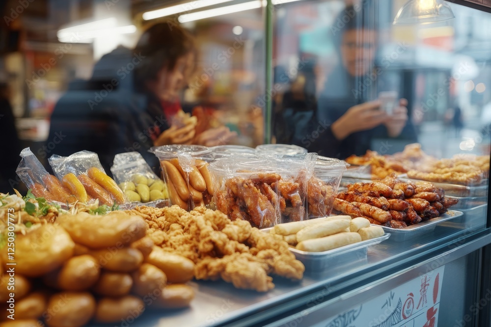 Obraz premium Vibrant street food display close up of chicken wings and hot dogs amidst bustling urban life