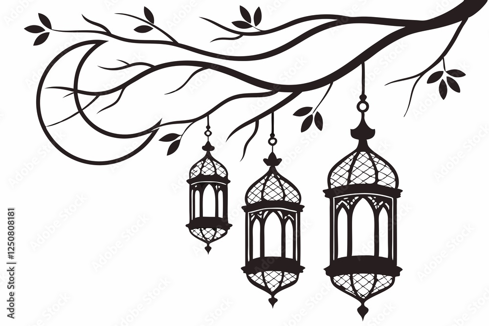 Naklejka premium Islamic lantern element set for Ramadan in silhouettes. Arabic antique hanging oil lamp lights isolated vector.