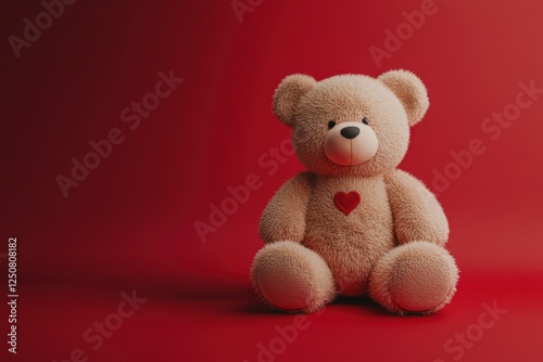 Cute smiling plush teddy bear with heart on belly in red room. Background with shadow reflection. Playful bright bear sitting.