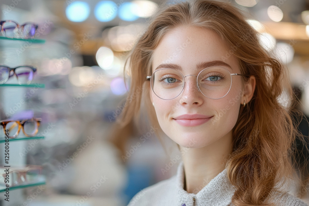 Obraz premium a friendly woman is looking She is standing in a optical shop and is wearing purple glasses.