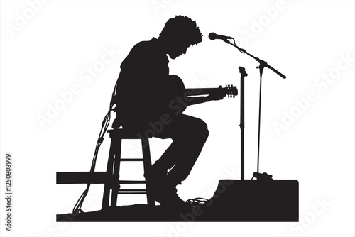 Musician Playing Guitar - Black and White Silhouette