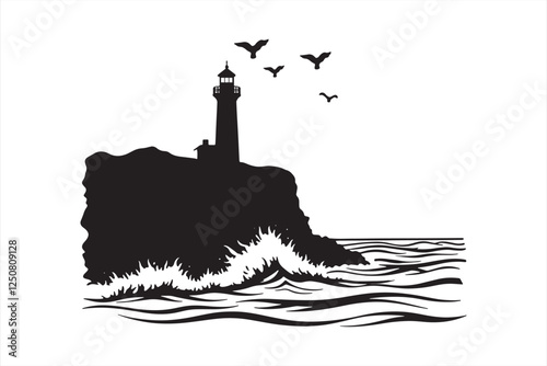 Minimalist Lighthouse on a Rocky Cliff with Seagulls