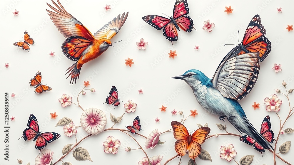Obraz premium Celestial Symphony: Birds and Butterflies Dance on a Dreamy Kaleidoscope