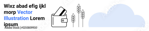 Wallet with credit cards, stylized wheat stalks, and a cloud. Ideal for financial services, agriculture, digital transformation, cloud services, online transactions, farming technology smart