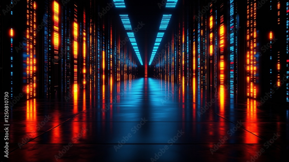 Fototapeta premium A visually striking futuristic data center illuminated by glowing red and blue digital interfaces. 