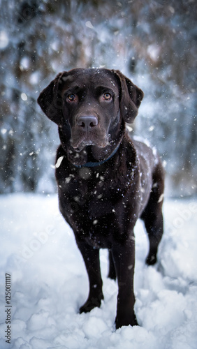 Brauner Labrador Hund in einer Schneelandschaft