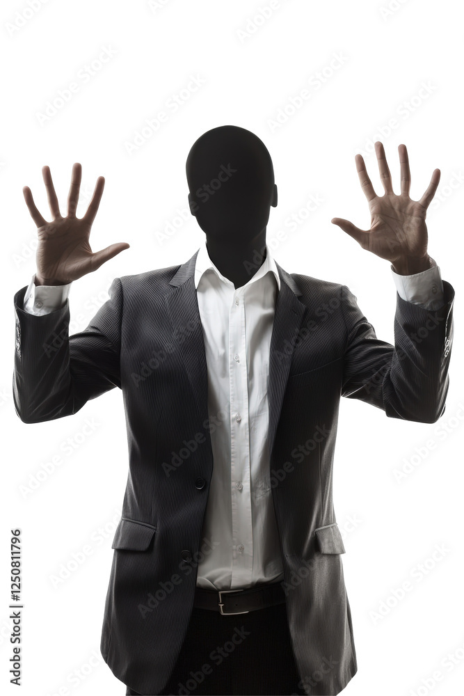 Isolated Silhouette of Man in Suit with Hands Up, Backlit Isolated Silhouette of Man in Suit with Hands Up, Backlit