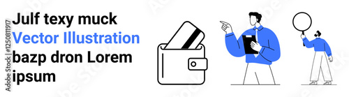 Wallet with two cards, person holding clipboard gesturing, person holding a balloon. Ideal for financial services, consulting, customer support, presentations, public speaking, marketing educational
