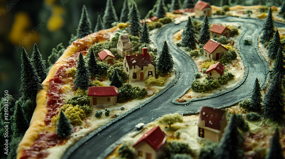 Obraz premium Creative pizza design featuring a whimsical village with winding roads and forest