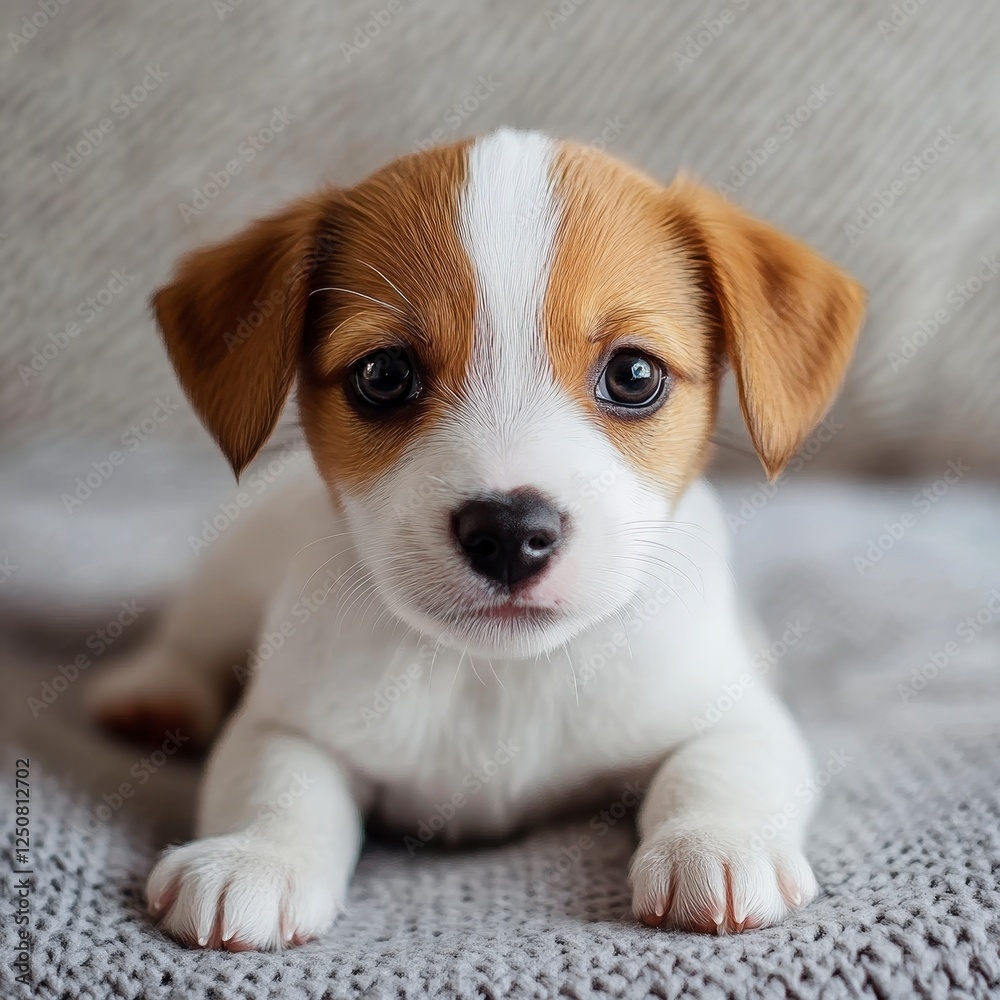Adorable Brown and White Puppy with Expressive Eyes on Soft Blanket