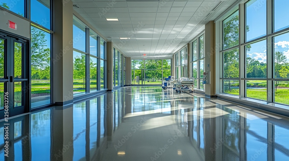 A clean hospital corridor with reflective floors, wheeled equipment, and natural light through large windows. A clean hospital corridor with reflective floors, wheeled equipment, and natural light through large windows.