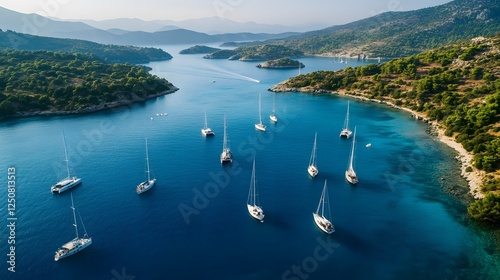Scenic coastal view, tranquil bay surrounded by lush greenery, sailboats floating peacefully, inviting for relaxation.