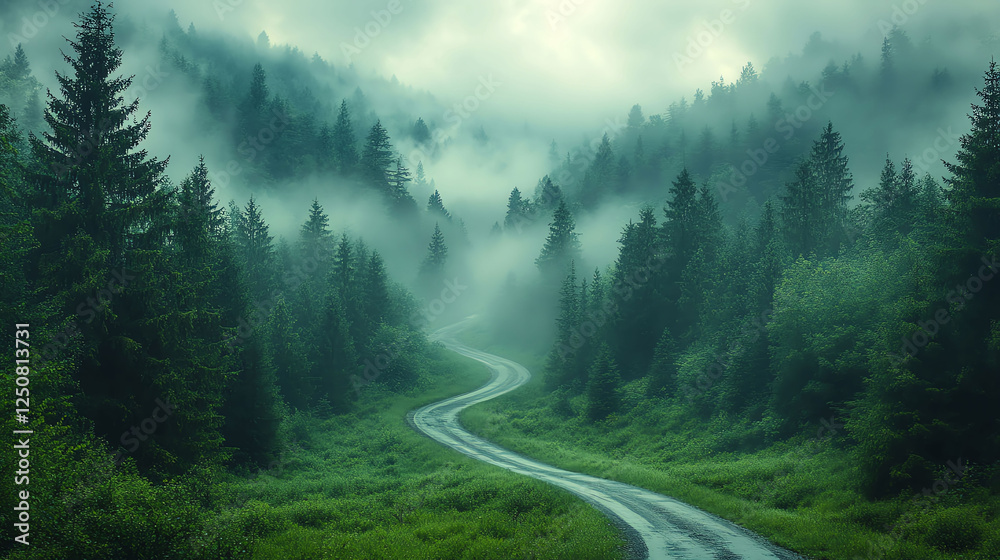 Misty Forest Road  Winding Path  Green Trees  Foggy Landscape