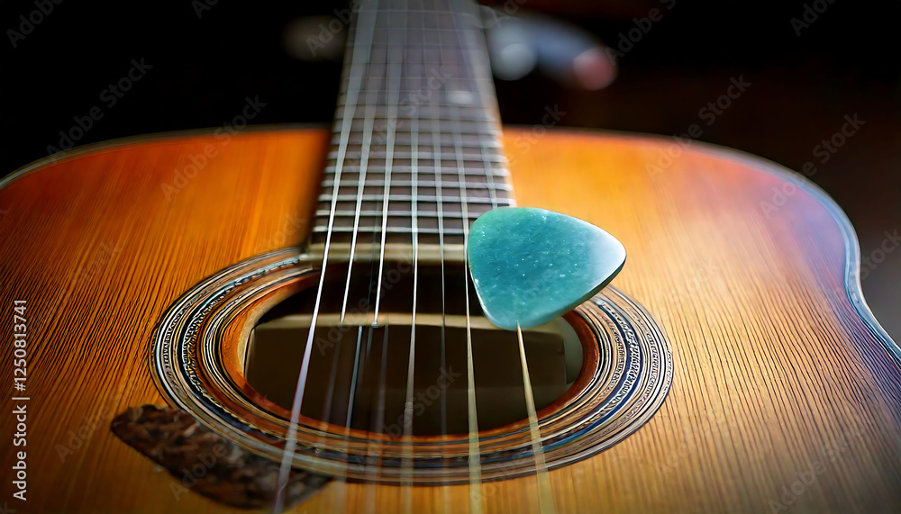 Fototapeta premium Close-up of an acoustic guitar's soundhole, showcasing its rich wood grain and a teal guitar pick resting on the strings. Perfect for music, musical instrument, or hobby-related projects.