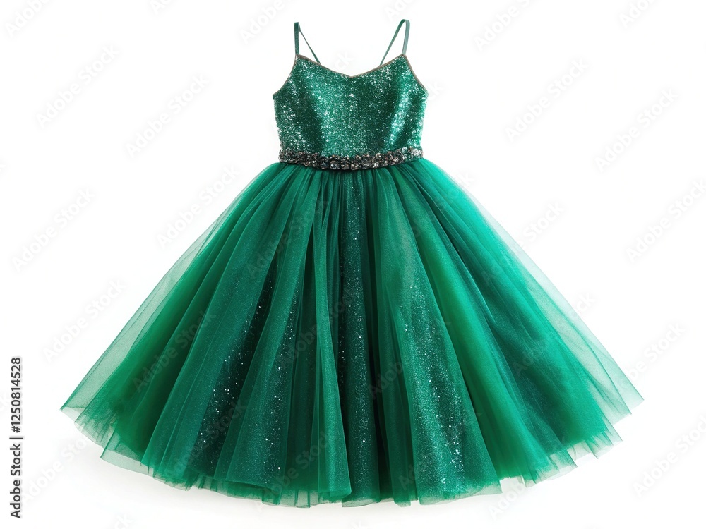 Obraz premium Emerald Green Tulle and Glitter Dress with a Detailed Design