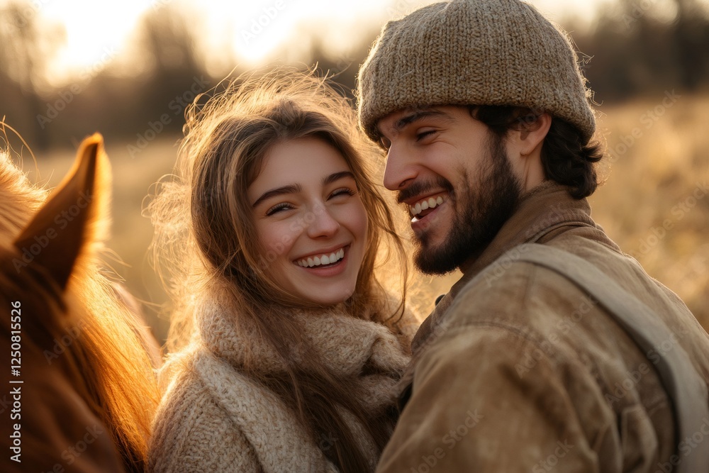 Happy couple smiling and embracing near horse in golden sunlight Happy couple smiling and embracing near horse in golden sunlight