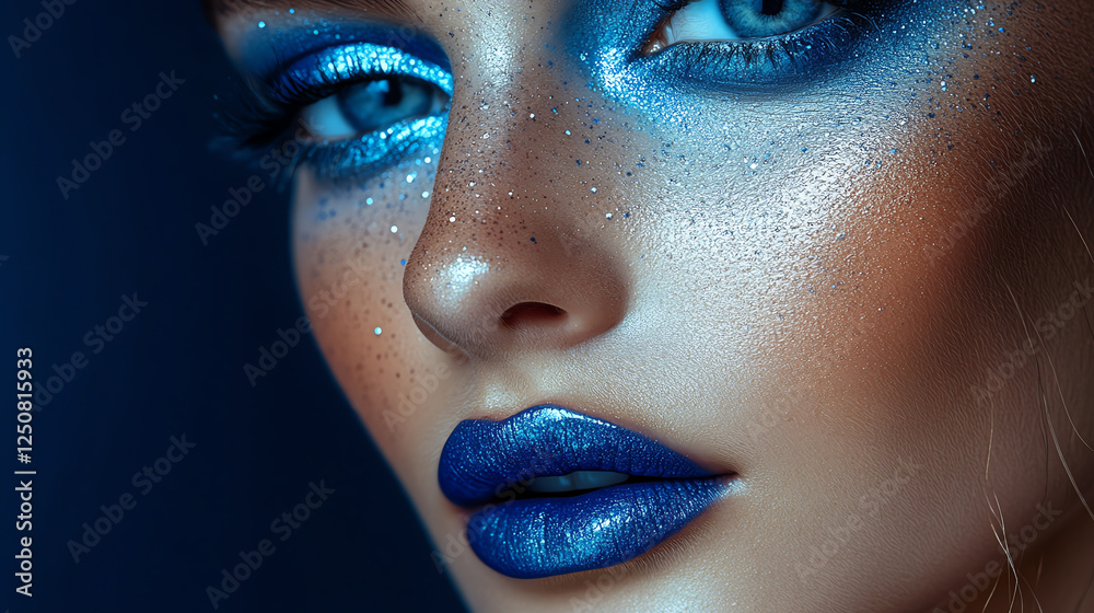 Fototapeta premium A stunning close-up portrait featuring a model with vibrant blue makeup and sparkling details