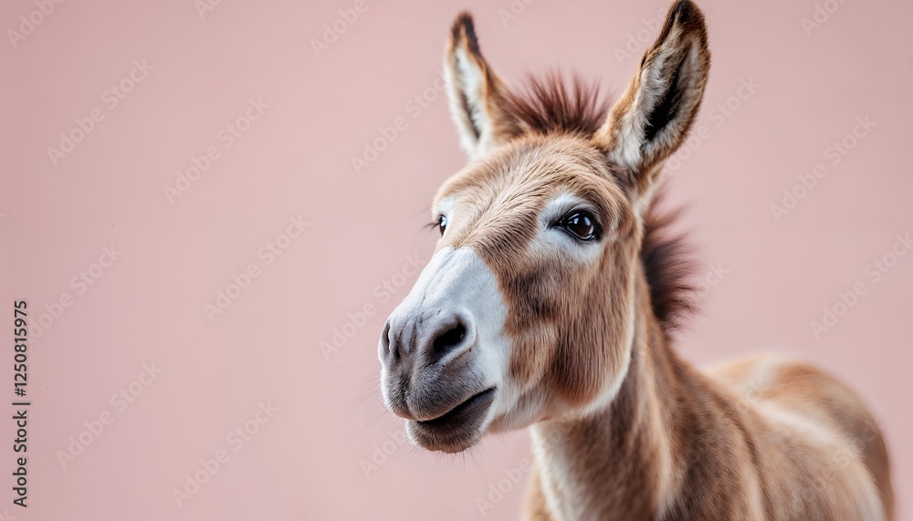 Obraz premium Cute Donkey Portrait with Soft Brown Fur Against a Pink Background
