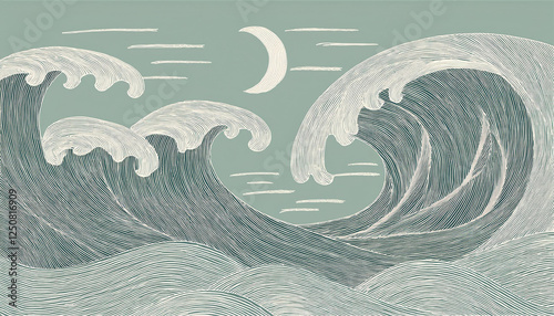 A surreal ocean wave with neon colors crashes under a crescent moon, set against a vibrant fantasy landscape