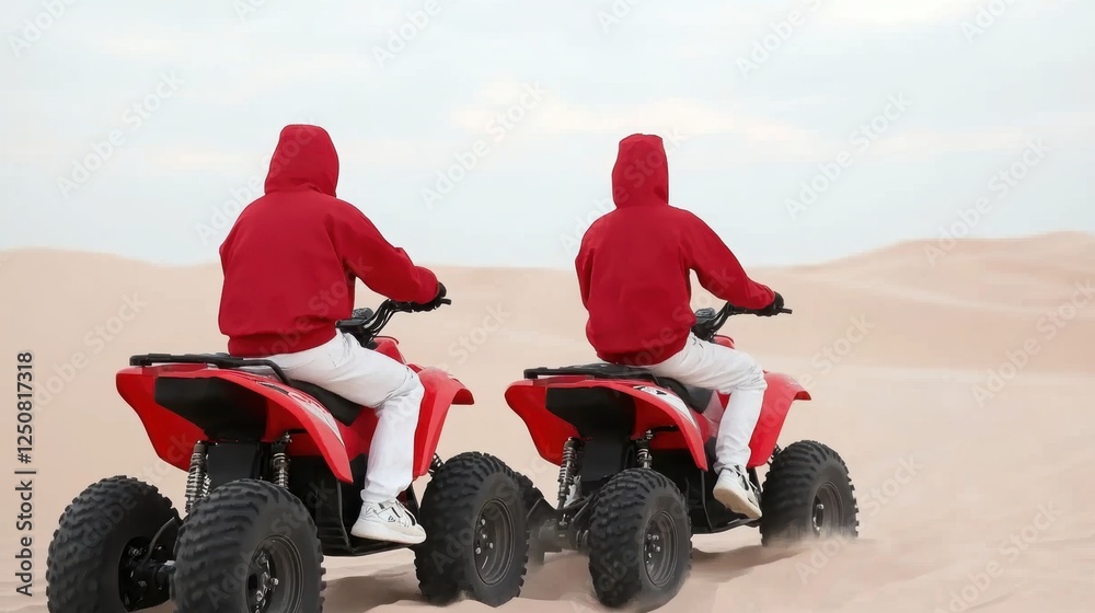 Two individuals riding ATVs in a sandy desert landscape. Two individuals riding ATVs in a sandy desert landscape.
