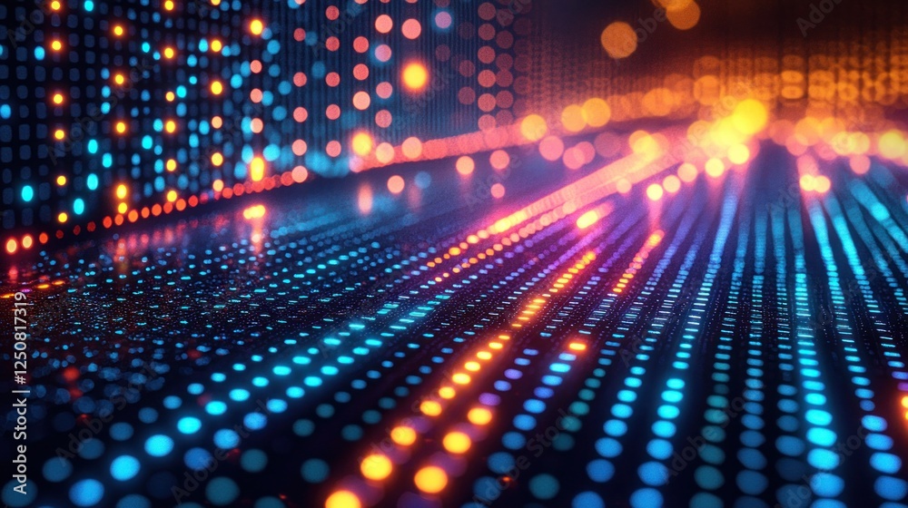 Colorful LED dots creating vibrant light trails in a mesmerizing abstract design Colorful LED dots creating vibrant light trails in a mesmerizing abstract design