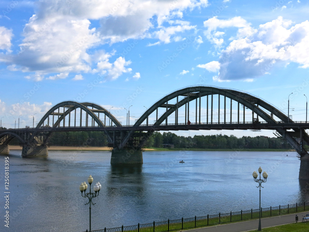 Automobile and pedestrian bridge over the Volga River in the city of Rybinsk, Yaroslavl region Automobile and pedestrian bridge over the Volga River in the city of Rybinsk, Yaroslavl region