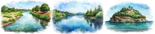 Beautiful watercolor landscapes, serene river scenes, tranquil nature views, vibrant greenery, peaceful water reflections.