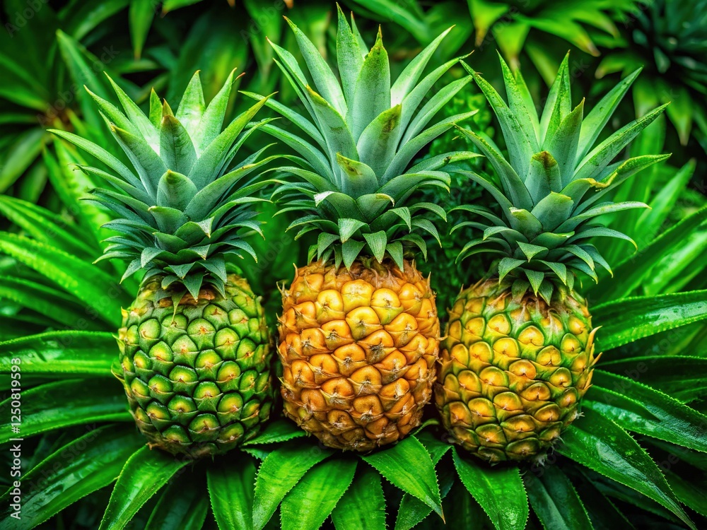 High-angle view of lush tropical pineapples. High-angle view of lush tropical pineapples.