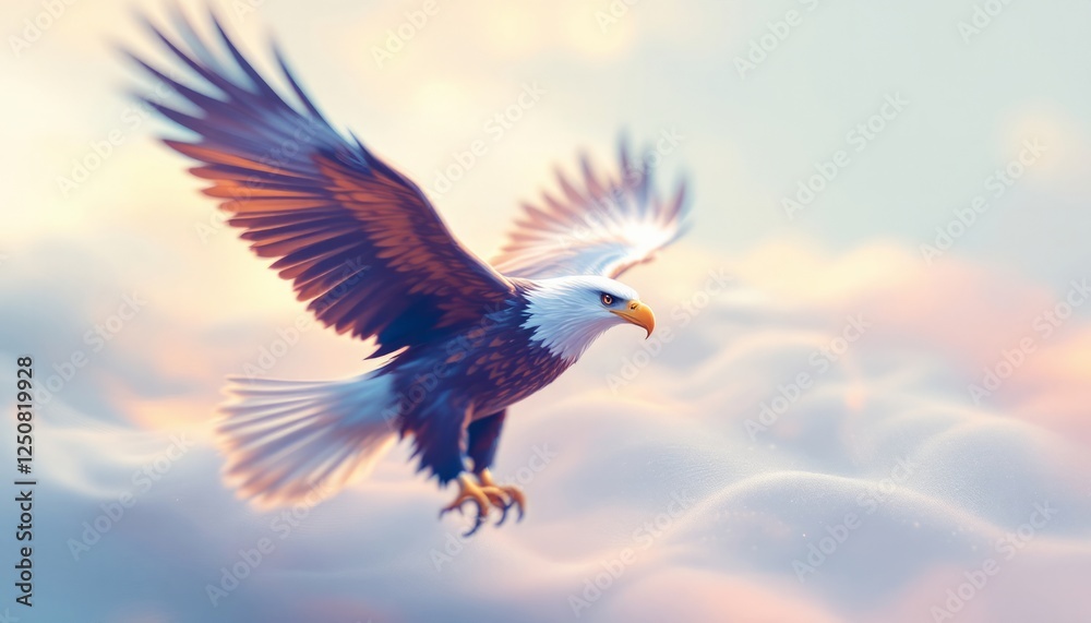 Fototapeta premium Majestic Bald Eagle Soaring Through Pastel Clouds at Sunset A Breathtaking Display of Freedom and Power