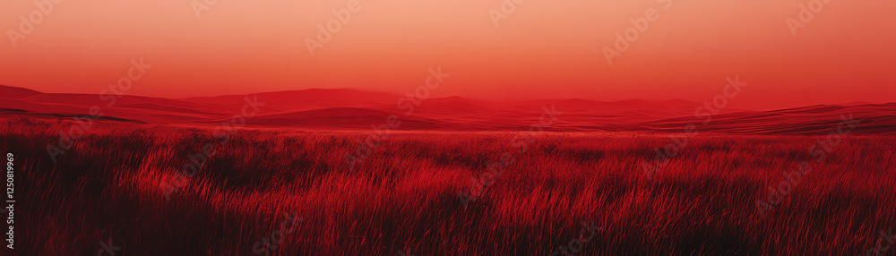 Obraz premium A stunning panoramic view of a vast landscape adorned with vibrant red hues during sunset, capturing the essence of serenity and natural beauty in its most captivating form.