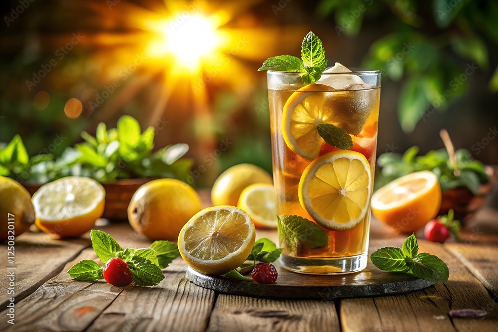 A refreshing glass of iced tea with lemon slices, mint leaves, and strawberries on a rustic wooden table, surrounded by fresh ingredients, with golden sunlight streaming in from the background. A refreshing glass of iced tea with lemon slices, mint leaves, and strawberries on a rustic wooden table, surrounded by fresh ingredients, with golden sunlight streaming in from the background.