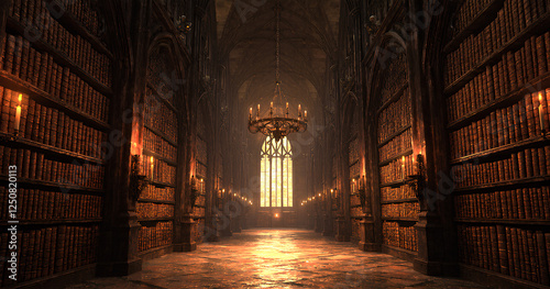 A Majestic, Ancient Library with Warm Candlelight
