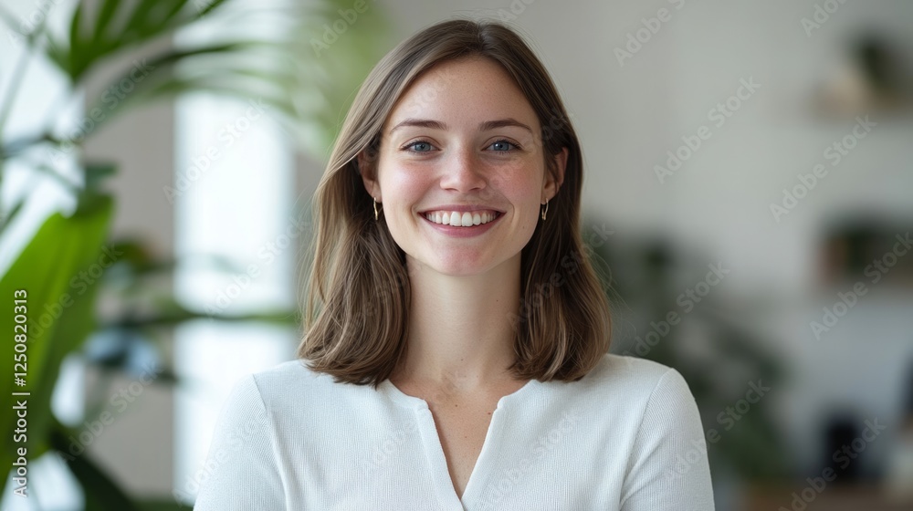 Woman with a neat smile and confidently standing n a white natural light office background Woman with a neat smile and confidently standing n a white natural light office background