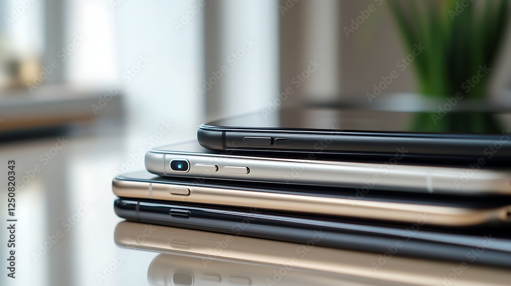 Four new smart phones placed in a stack on a table Four new smart phones placed in a stack on a table
