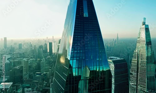 Aerial view of a modern skyscraper in a city. The skyscraper is tall and sleek, with a glass facade that reflects the sunlight. The camera pans up the side of the building, showcasing its ar