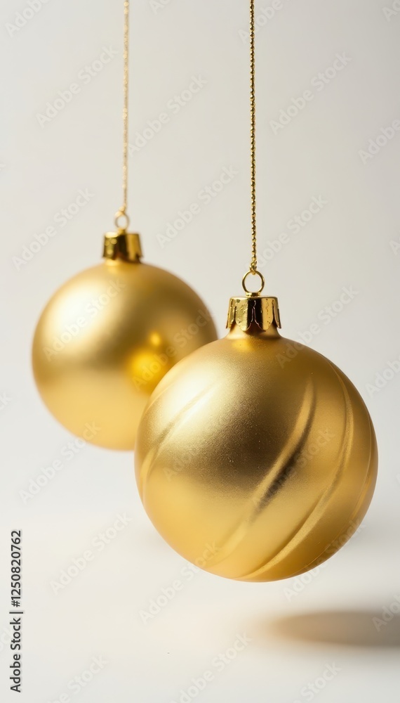 Shimmering gold Christmas baubles suspended, isolated on white , celebration, christmas tree ornaments, hanging ornaments Shimmering gold Christmas baubles suspended, isolated on white , celebration, christmas tree ornaments, hanging ornaments