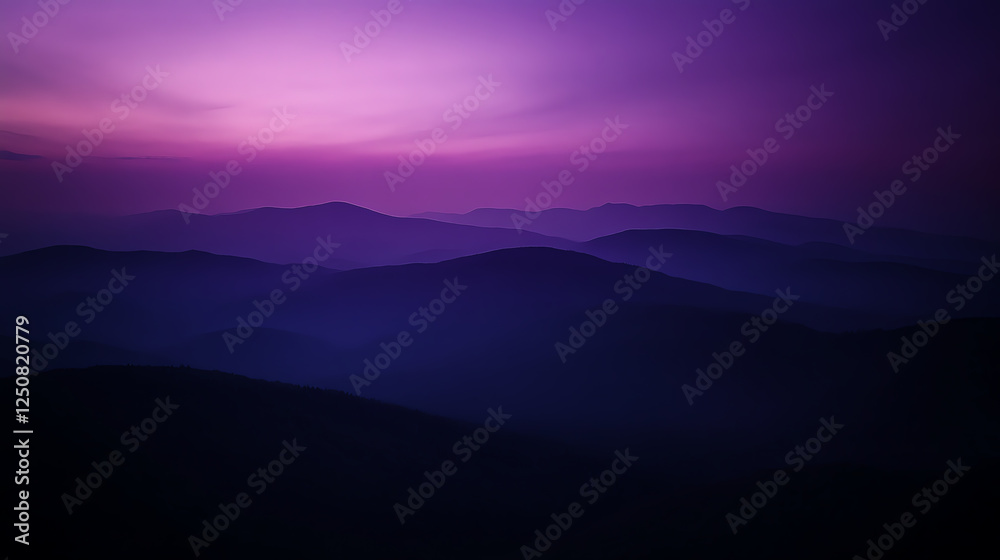 Fototapeta premium A stunning twilight landscape featuring rolling hills bathed in shades of purple and blue, creating a serene and calming atmosphere perfect for relaxation or contemplation.