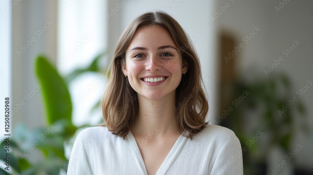 Woman with a neat smile and confidently standing n a white natural light office background Woman with a neat smile and confidently standing n a white natural light office background
