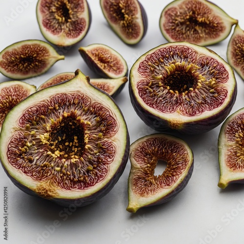 A fig cut into quarters, displaying its intricate seed pattern and fleshy texture, placed on a white surface.