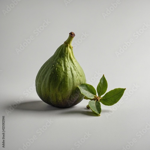 A single green fig with a smooth, unripe appearance, isolated on a white background.