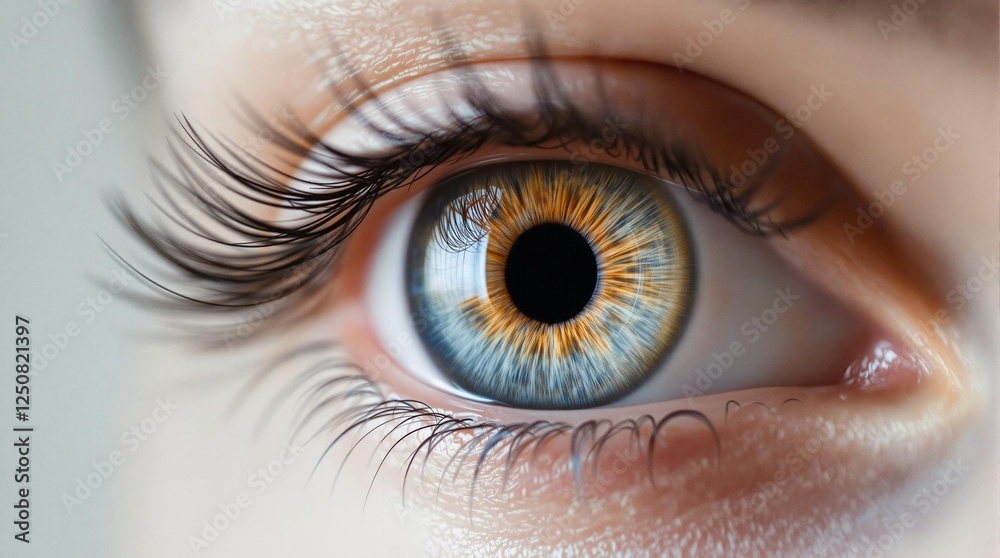 Fototapeta premium Emotive close-up of a human eye with captivating blue and brown segments in the iris, conveying emotion and expression through the detailed capture of the eye's features