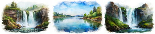 Beautiful watercolor landscapes, serene waterfalls, tranquil river scenes, nature's beauty, artistic representation, calming scenery.