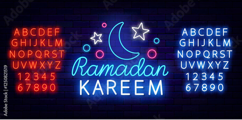Ramadan Kareem neon sign with crescent moon and stars. Eid Mubarak. Arabian design. Vector stock illustration