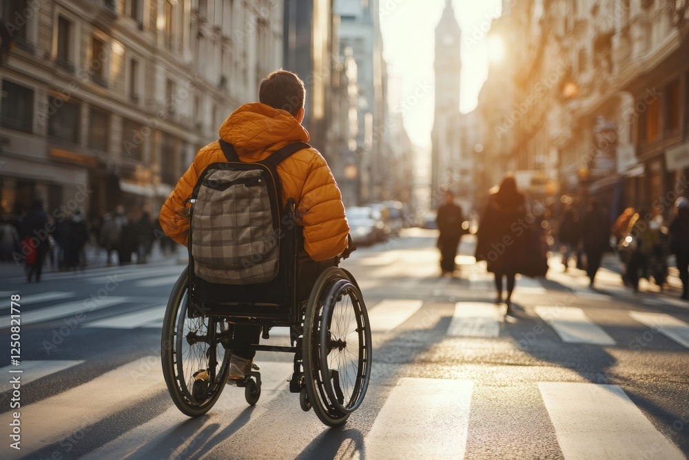Obraz premium Young tourist exploring city street using wheelchair at sunset