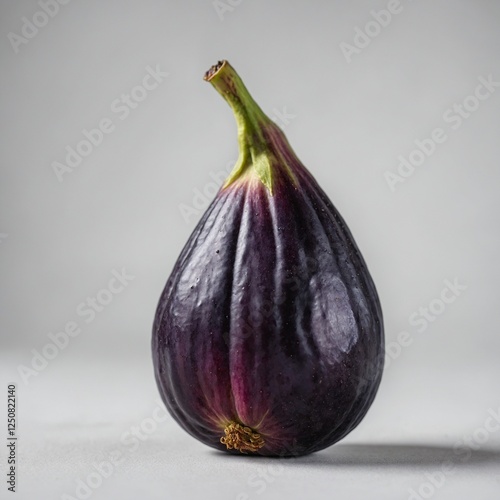 A single ripe fig, whole, with deep purple skin and a smooth texture, on a pure white background.