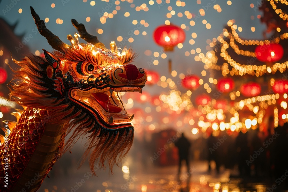 Fototapeta premium Illuminated chinese dragon celebrating lunar new year festivities