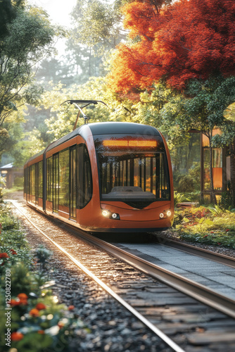 ** Modern Orange Tram Passing through Lush Forest Track in Autumn