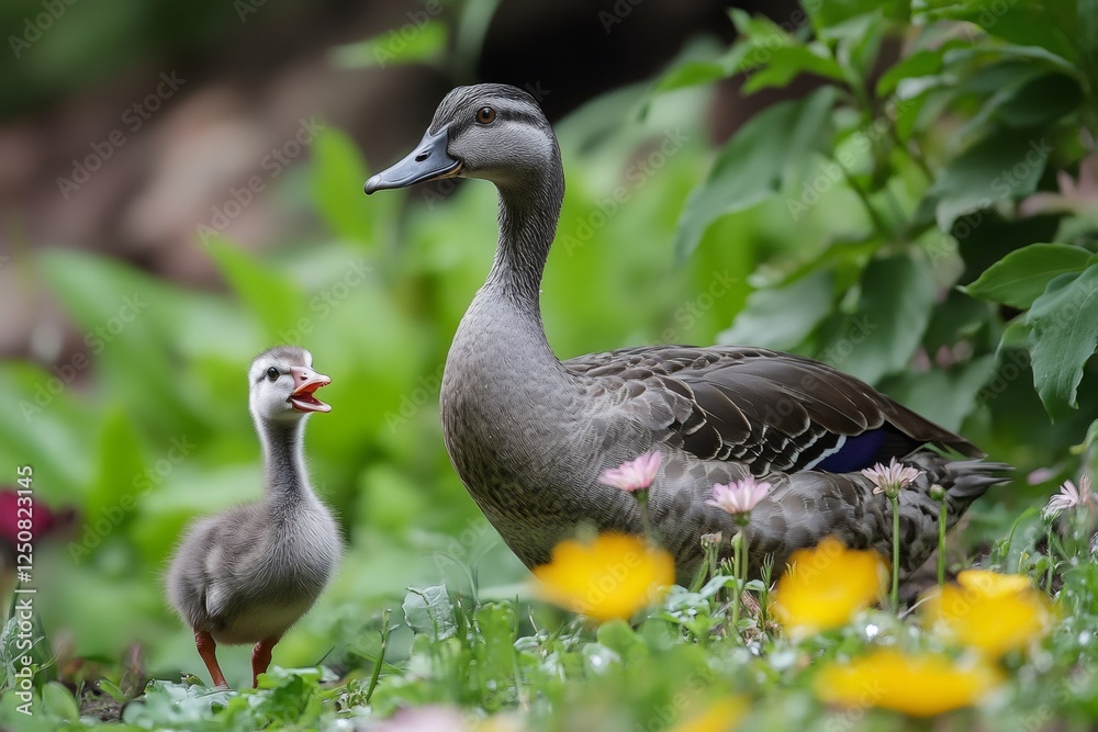 Duckling and mother walking in flowers Duckling and mother walking in flowers